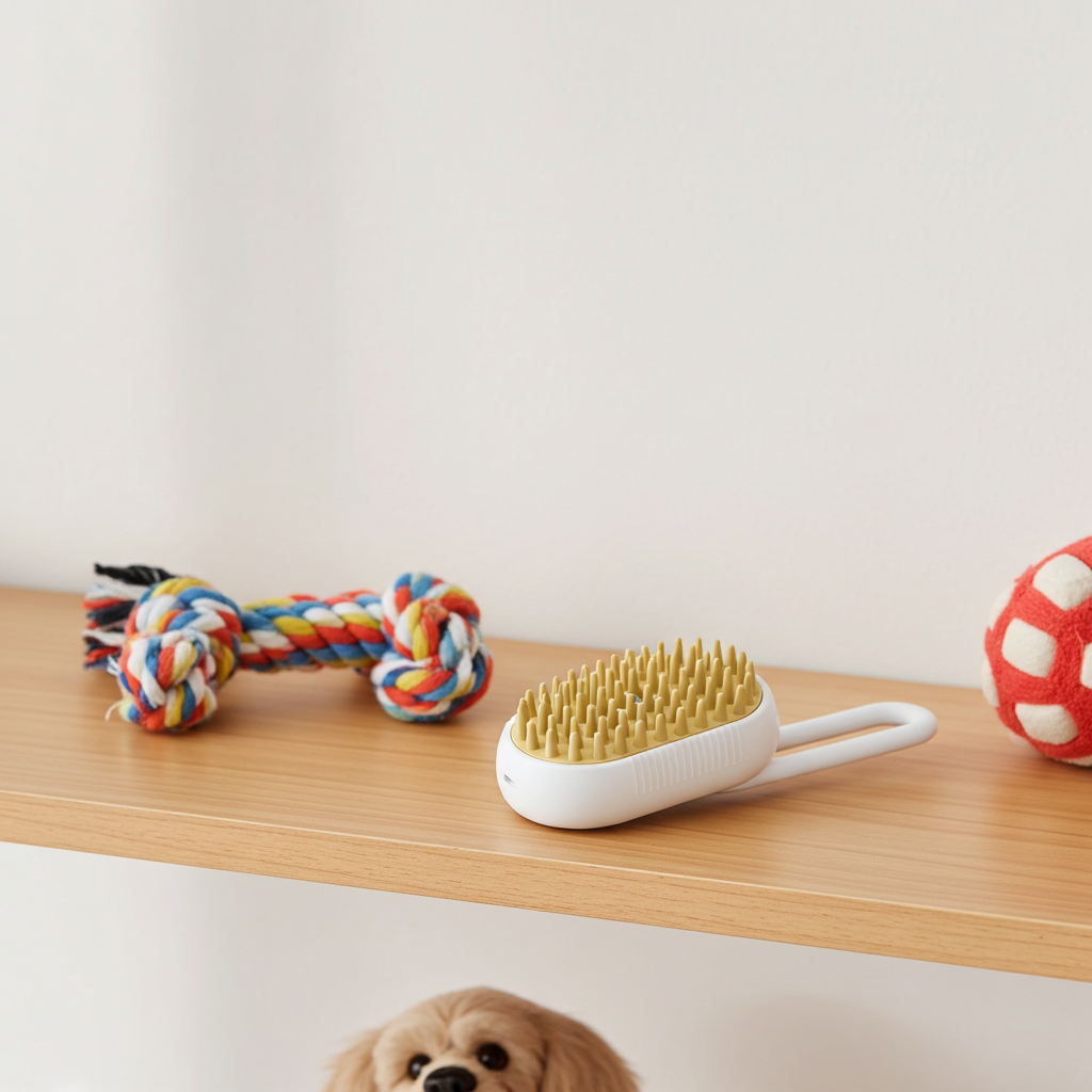 Dog grooming brush, rope toy, and ball on a wooden shelf with a dog in the foreground.