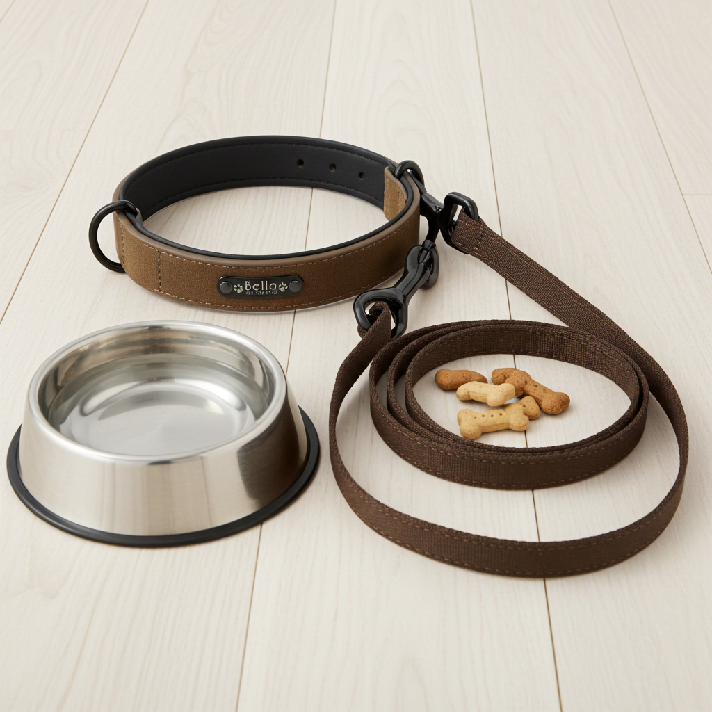 Dog collar, bowl, and leash on a light wooden floor