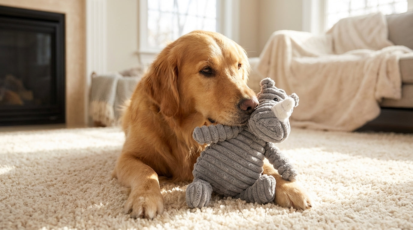 Dog playing with a stuffed toy on a carpeted floor in a cozy living room.