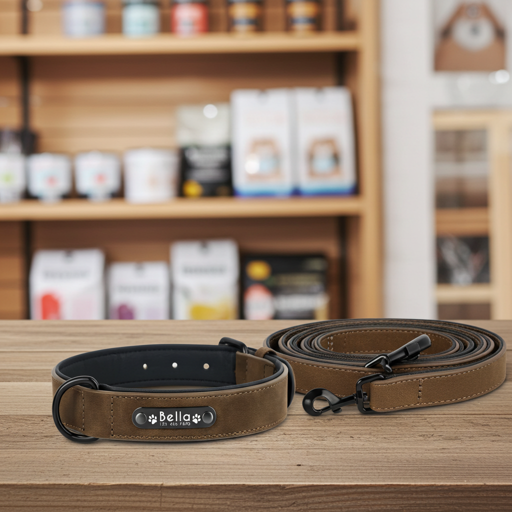 Brown dog collar and leash on a wooden surface with a blurred store shelf in the background.