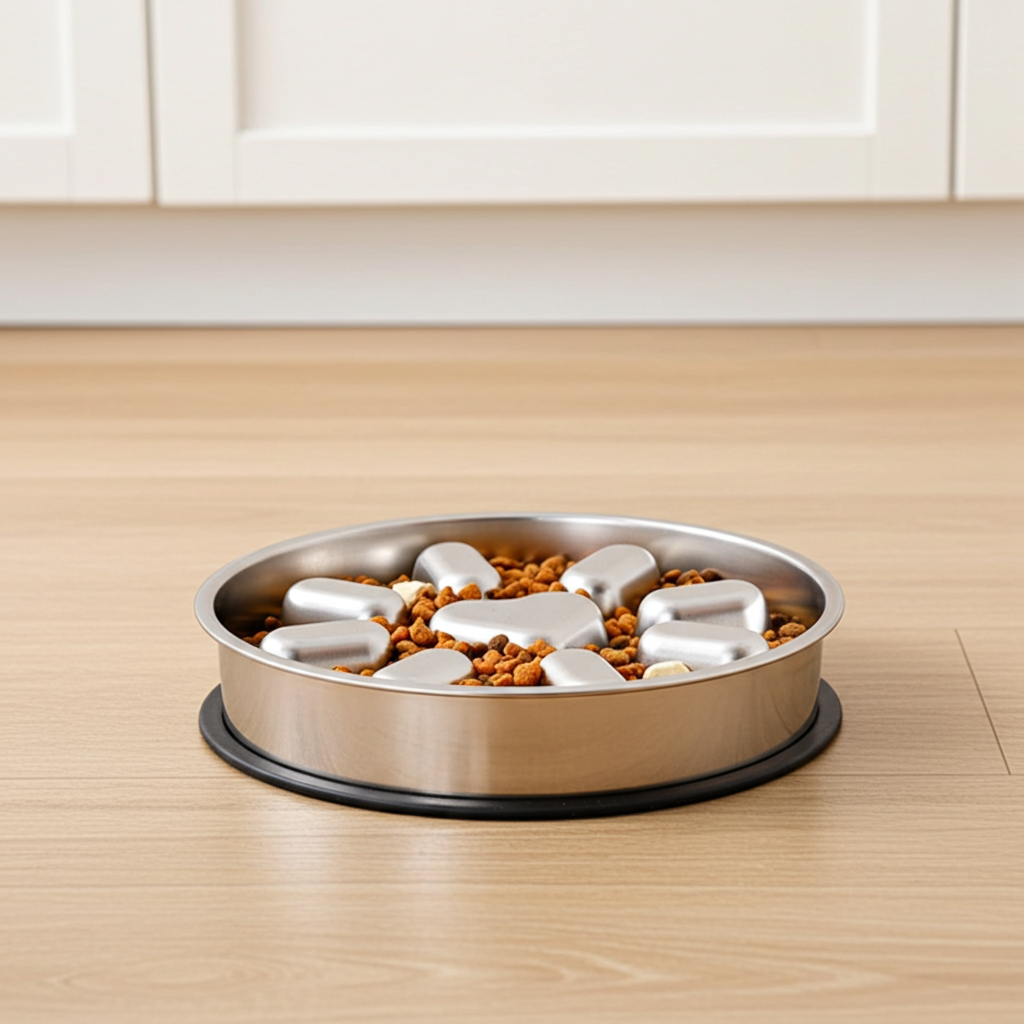Stainless steel pet food bowl with pet food on a wooden floor.