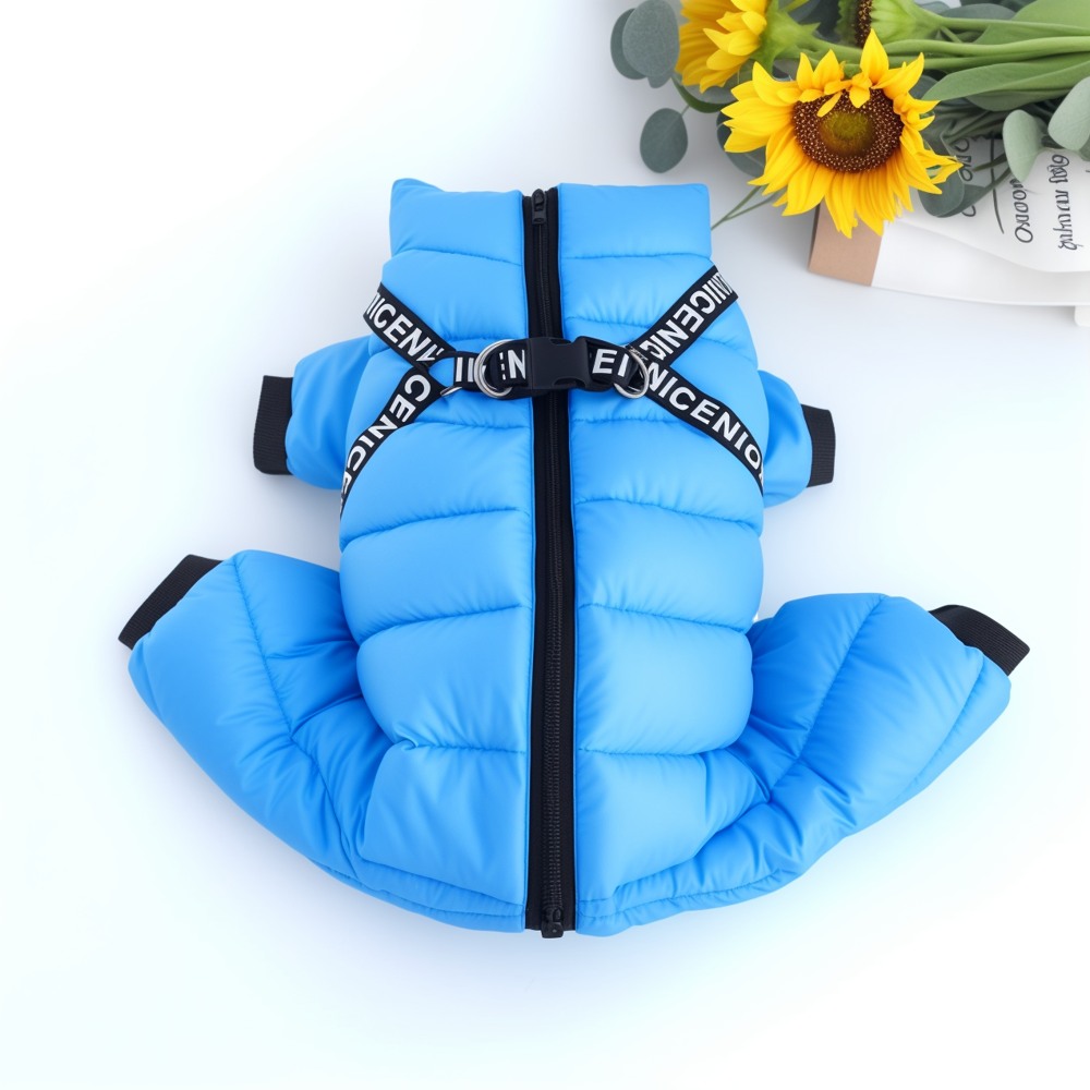 Blue dog coat with a black zipper on a white background with sunflowers.