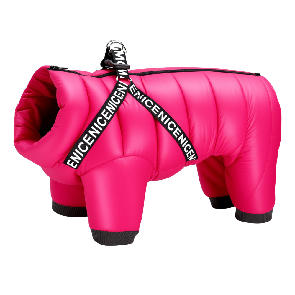 Warm waterproof puffer dog jacket in pink with built-in harness and full-body design.