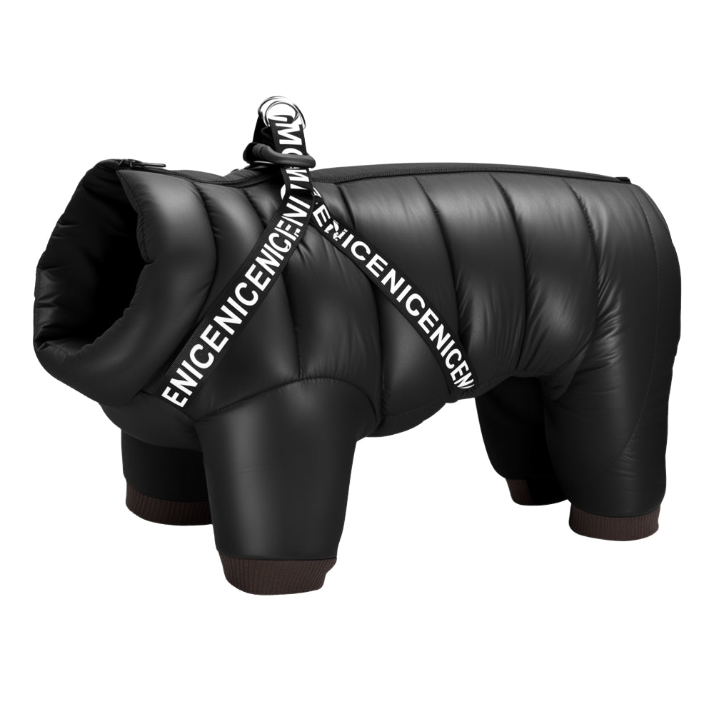 Black dog coat with 'ENICENICENICENICENICENICENIC' branding on a white background