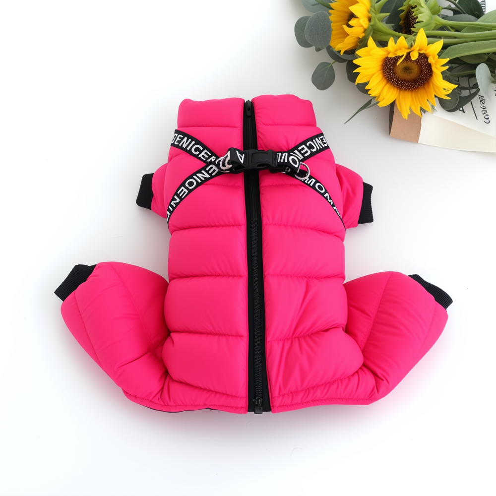 Pink dog coat with black zipper on a white background