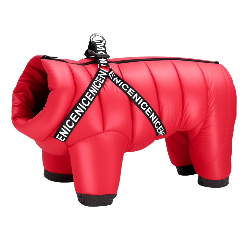 Red dog coat with a black harness on a white background