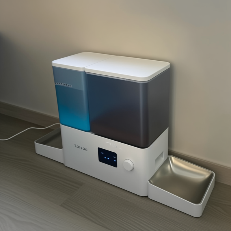 Pet water dispenser with food bowl on a wooden floor against a beige wall