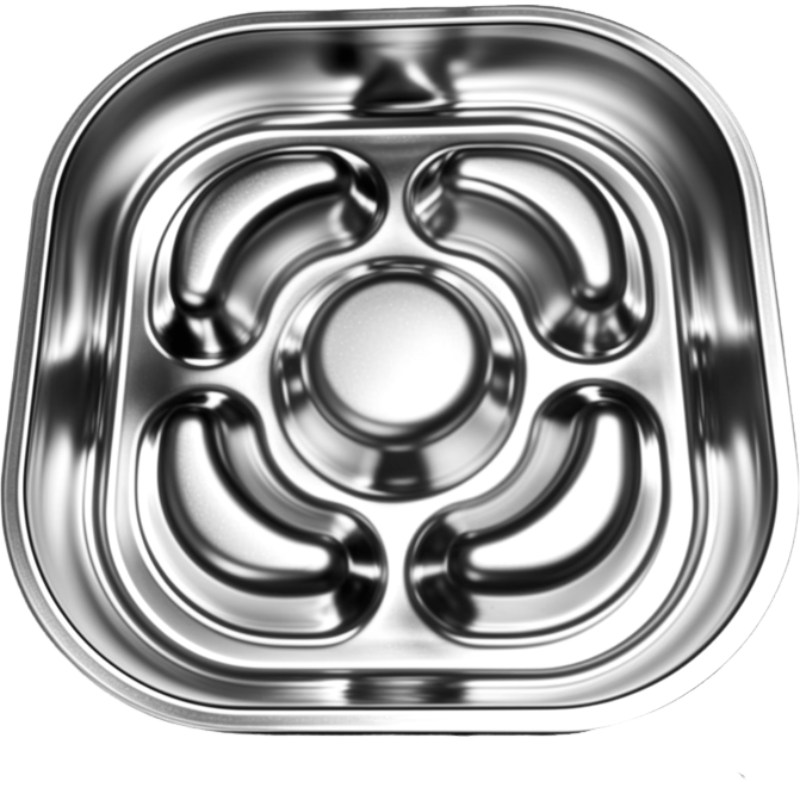 Stainless steel pet dish with a decorative pattern on a white background