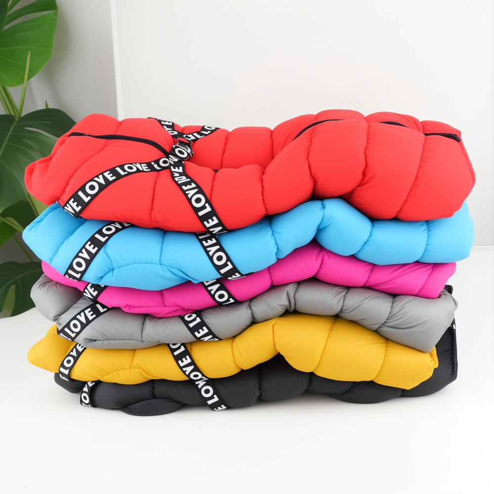 Stack of colorful quilted bags with 'LOVE' strap on a white background