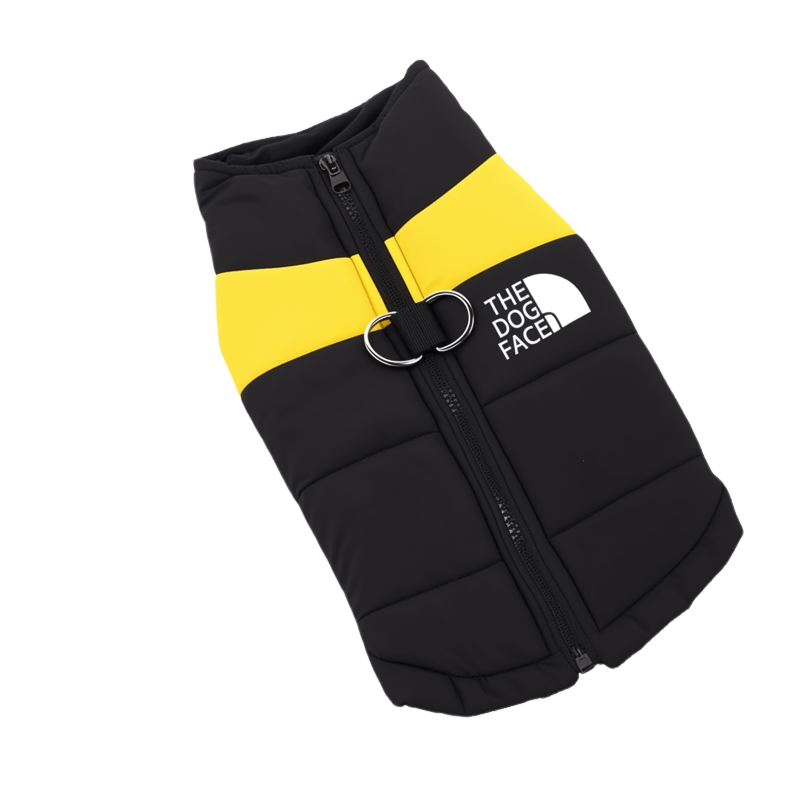 Black and yellow dog vest with 'The Dog Face' logo on a white background