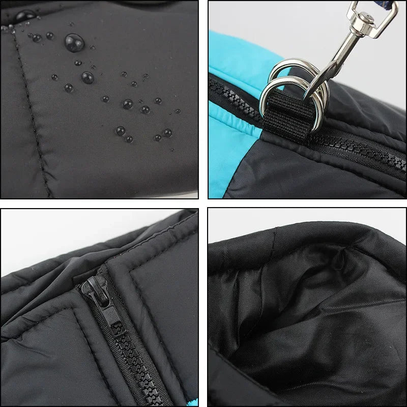 Collage of close-up details of a black jacket with water droplets, zipper, and fabric texture.