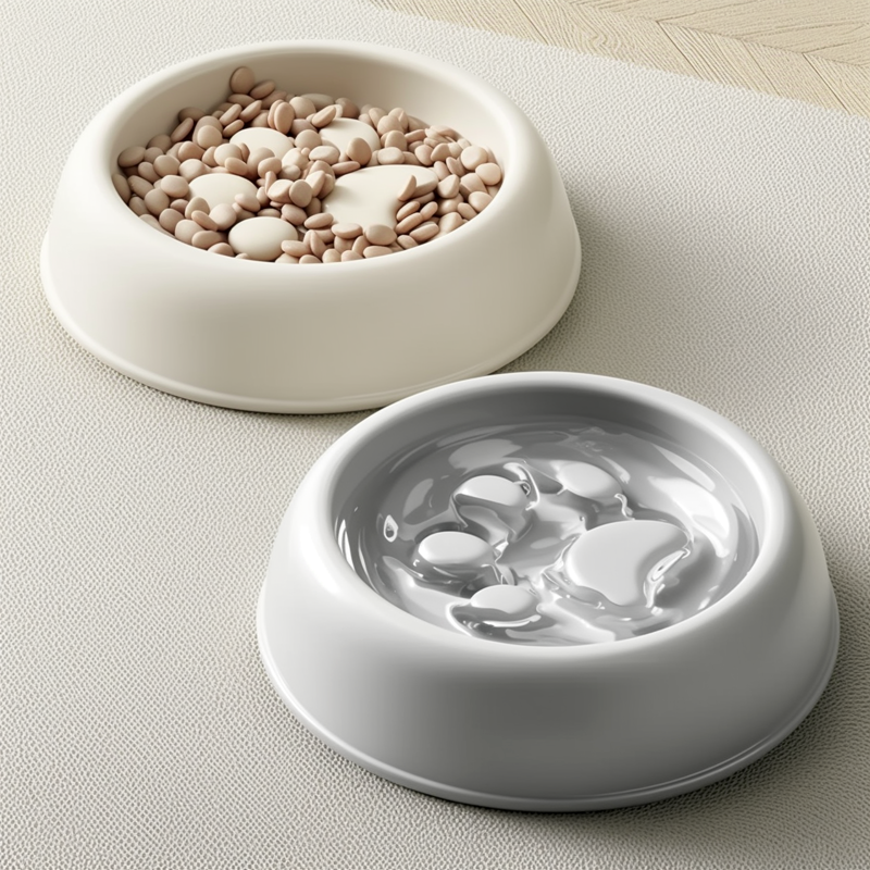 Two white ceramic bowls on a light surface, one filled with water and the other with beans.