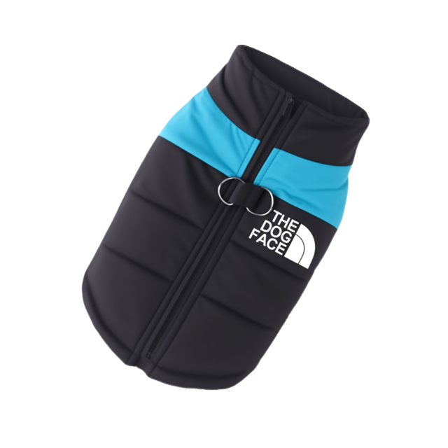 Black and blue dog coat with 'The Dog Face' logo on a white background