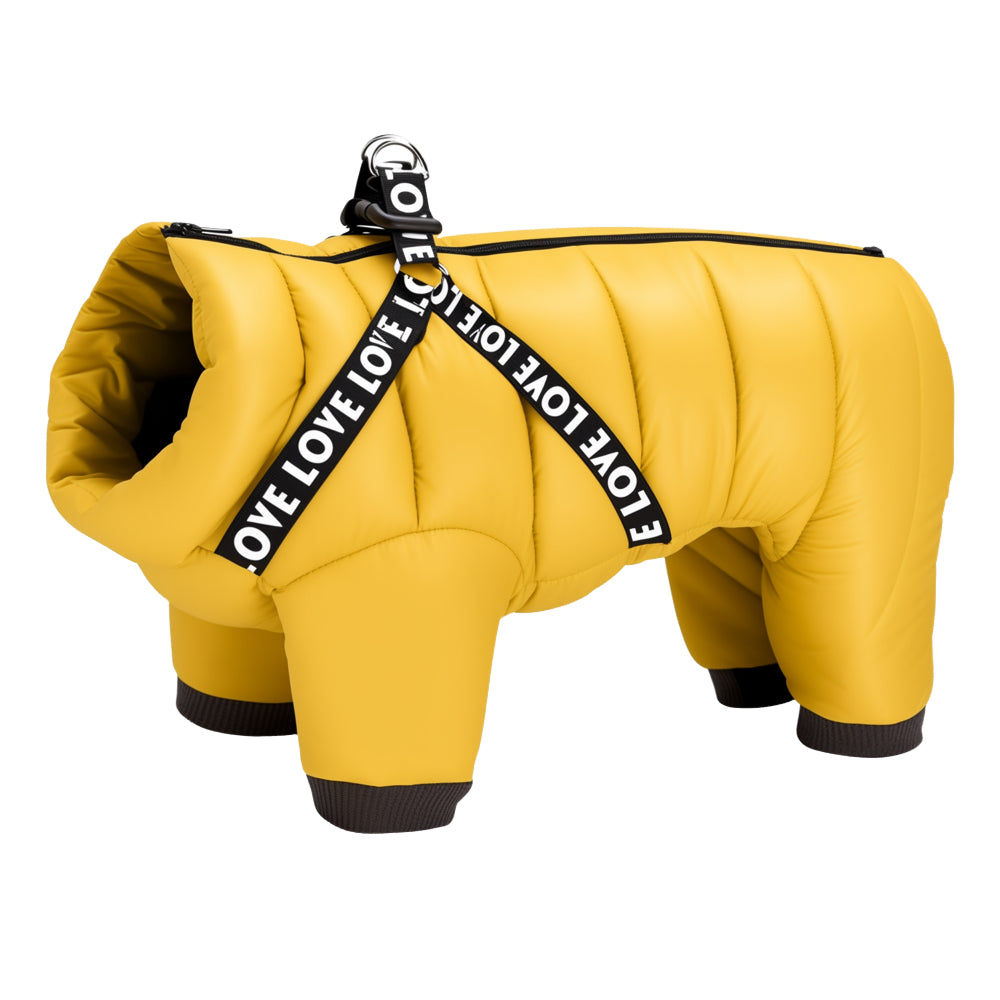 Yellow dog coat with a black strap labeled 'LOVE' on a white background