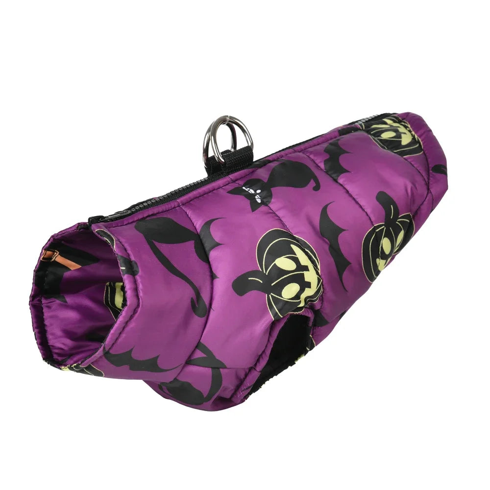 Purple dog coat with black and yellow bat designs on a white background