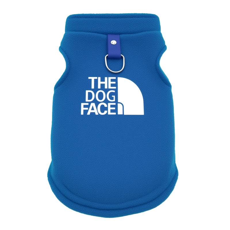 Blue pet vest with 'The Dog Face' logo on a white background