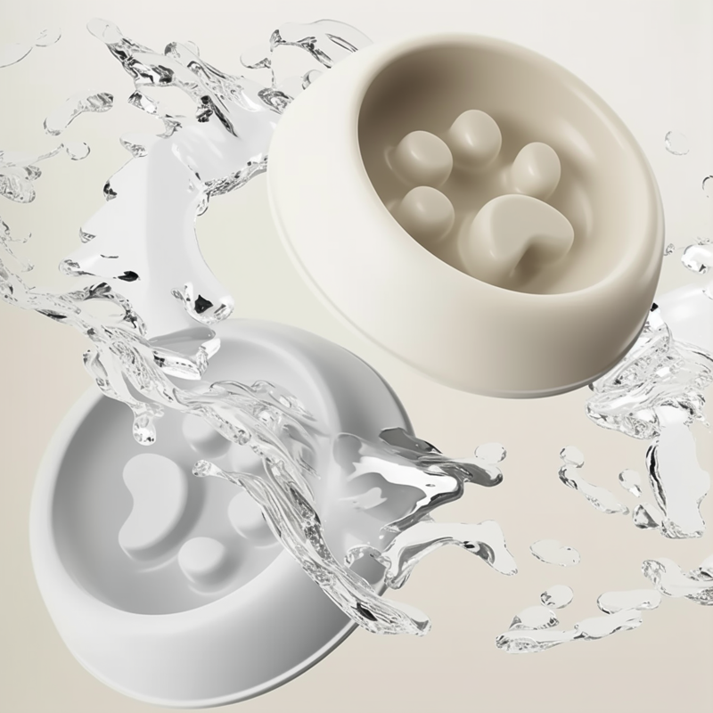 White silicone pet bowl with paw print design on a beige background