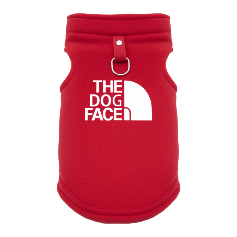 Red dog vest with 'The Dog Face' logo on a white background