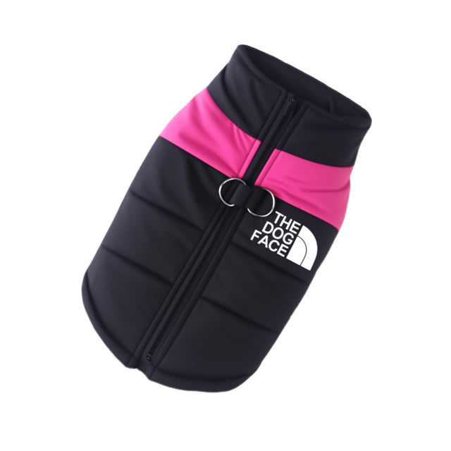 Black and pink dog coat with 'The Dog Face' logo on a white background