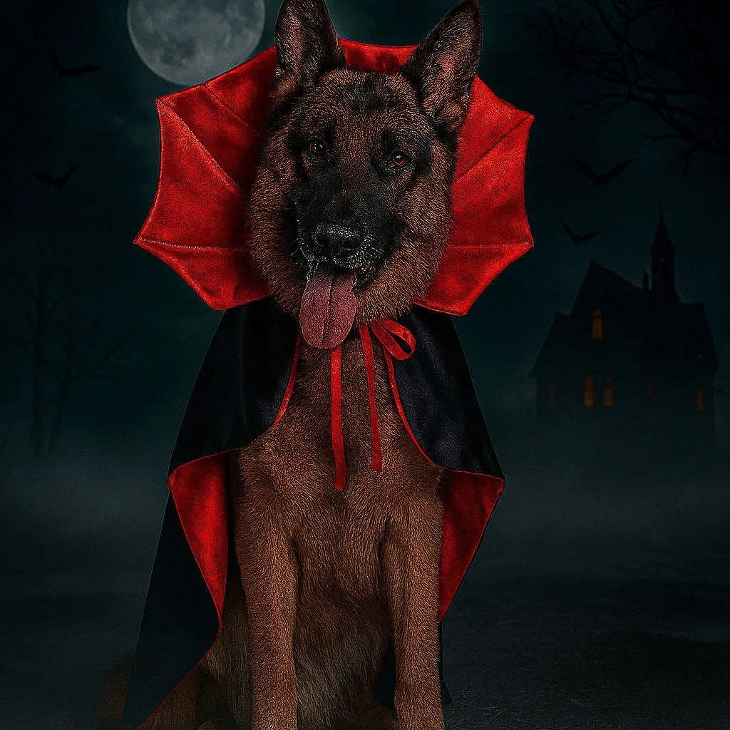 Dog wearing a vampire costume with a red cape and black collar against a dark Halloween-themed background.