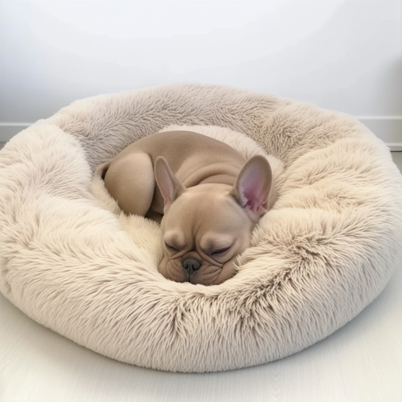 Puppy sleeping on a fluffy beige pet bed against a white background