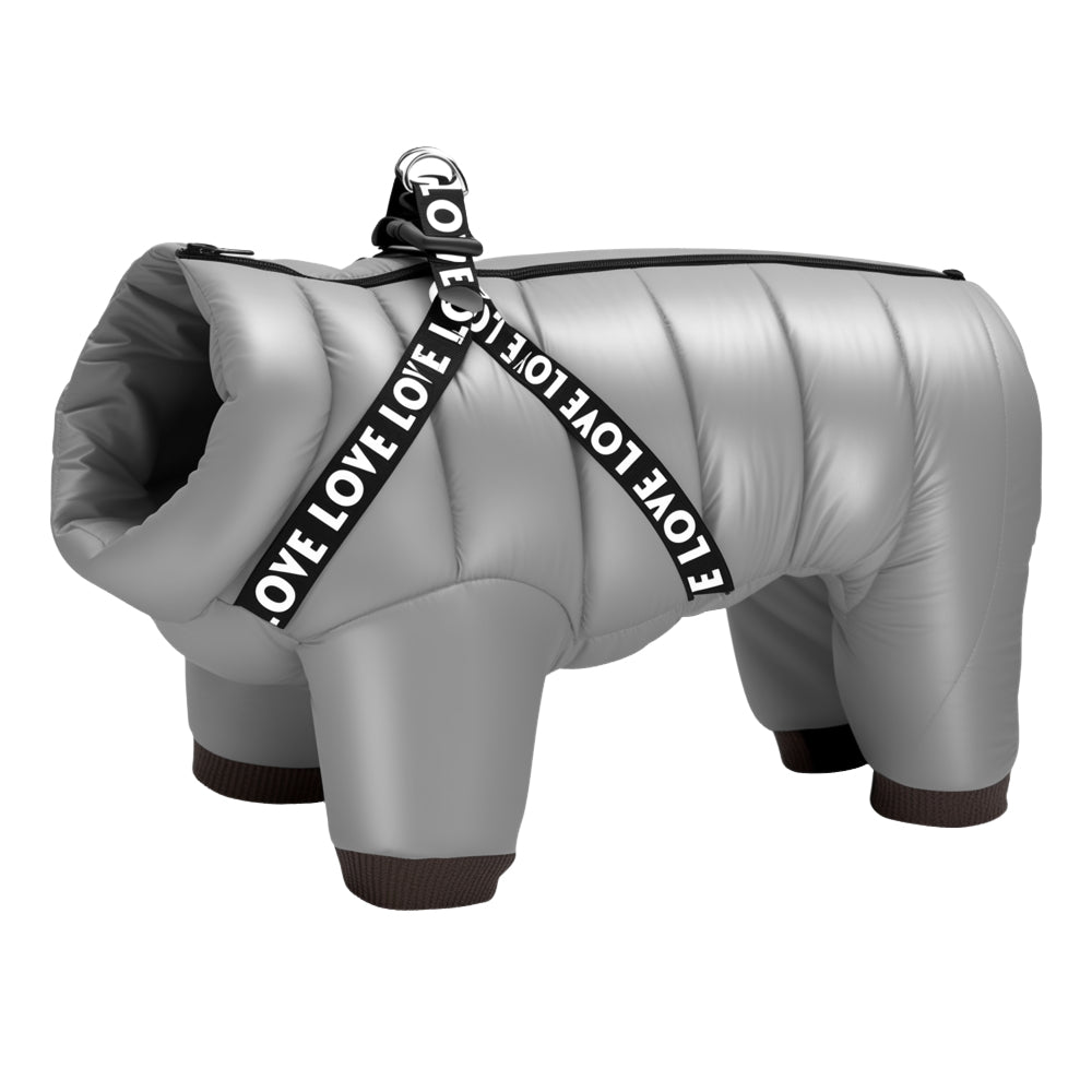 Gray dog coat with a black strap labeled 'LOVE' on a white background