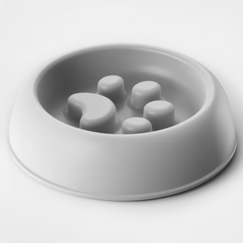 Gray pet bowl with paw print design on a white background