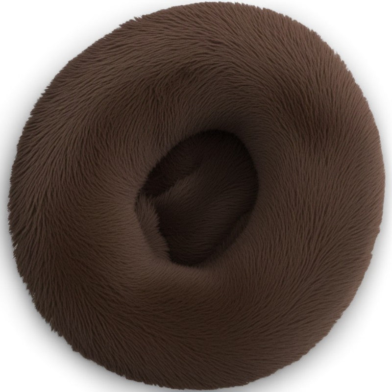 Coffee brown calming donut pet bed with soft plush fabric and raised edges for extra support.