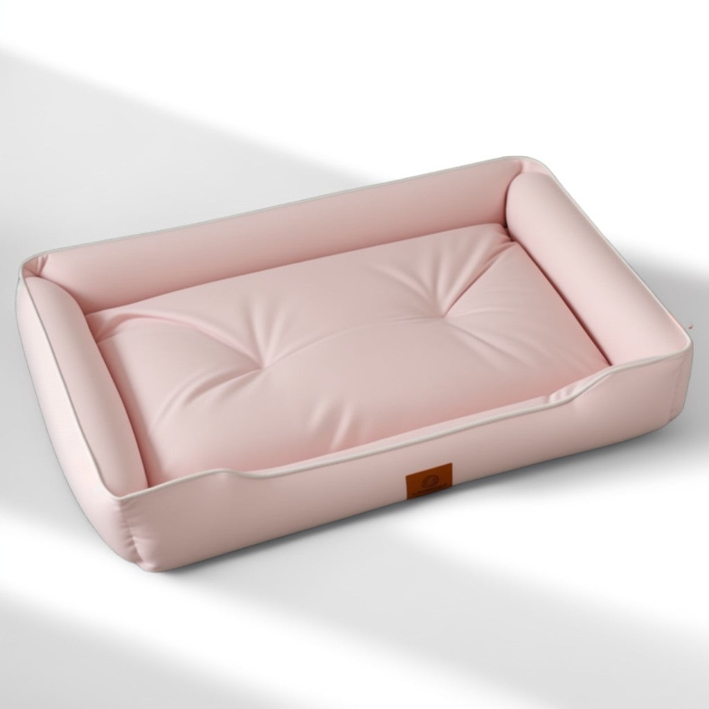 Light pink rectangular waterproof dog bed with raised bolsters and soft central cushion.