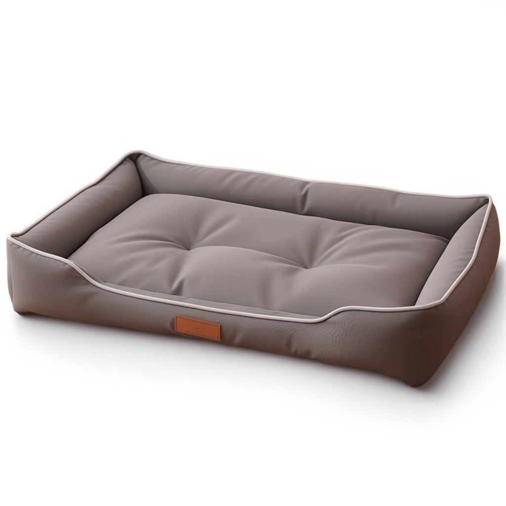 Brown pet bed with a visible brand logo on a white background