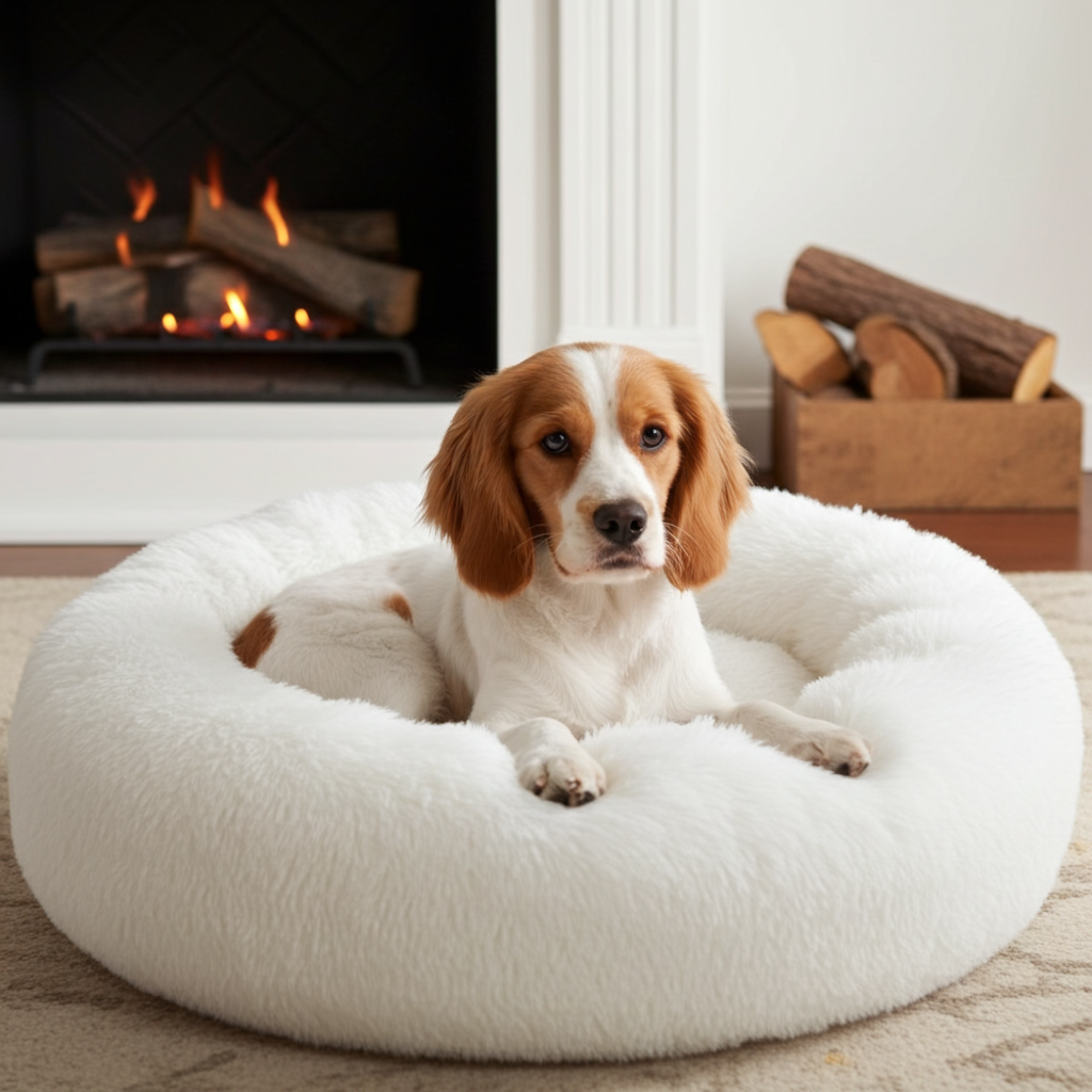 Dog lying on a fluffy white pet bed in front of a fireplace.