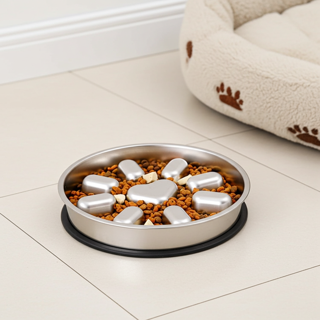 Stainless steel pet bowl with food on a light wooden floor next to a pet bed.