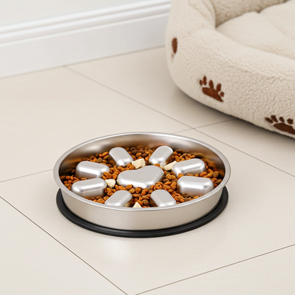 Stainless steel pet bowl with food on a light wooden floor next to a pet bed.