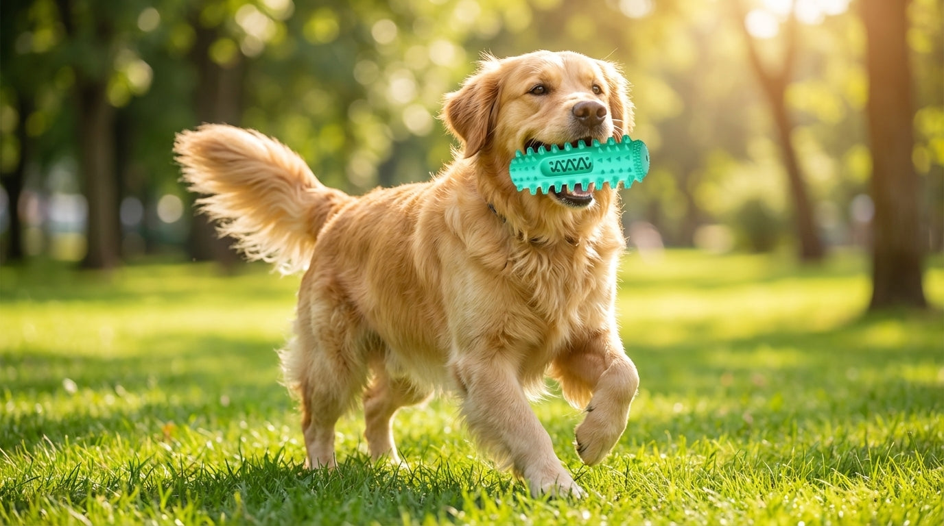 Dog running outdoors with a green toy in its mouth