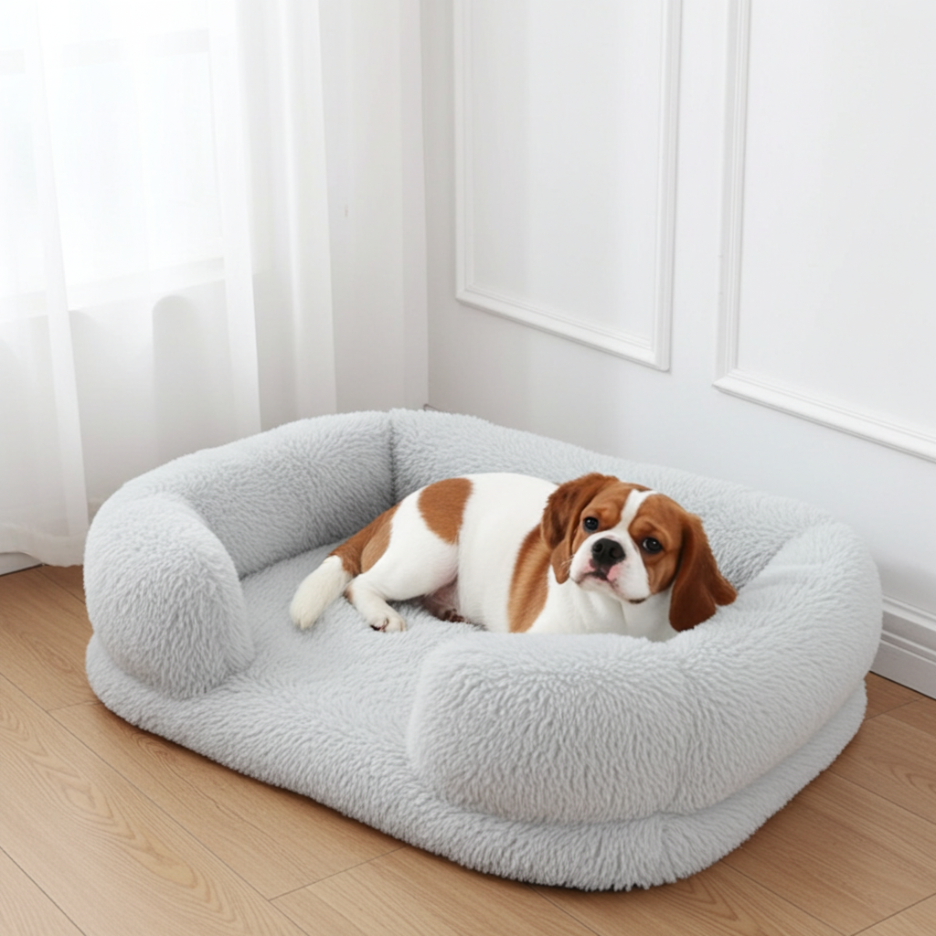 Dog lying on a fluffy gray pet bed in a room with white walls and wooden flooring.