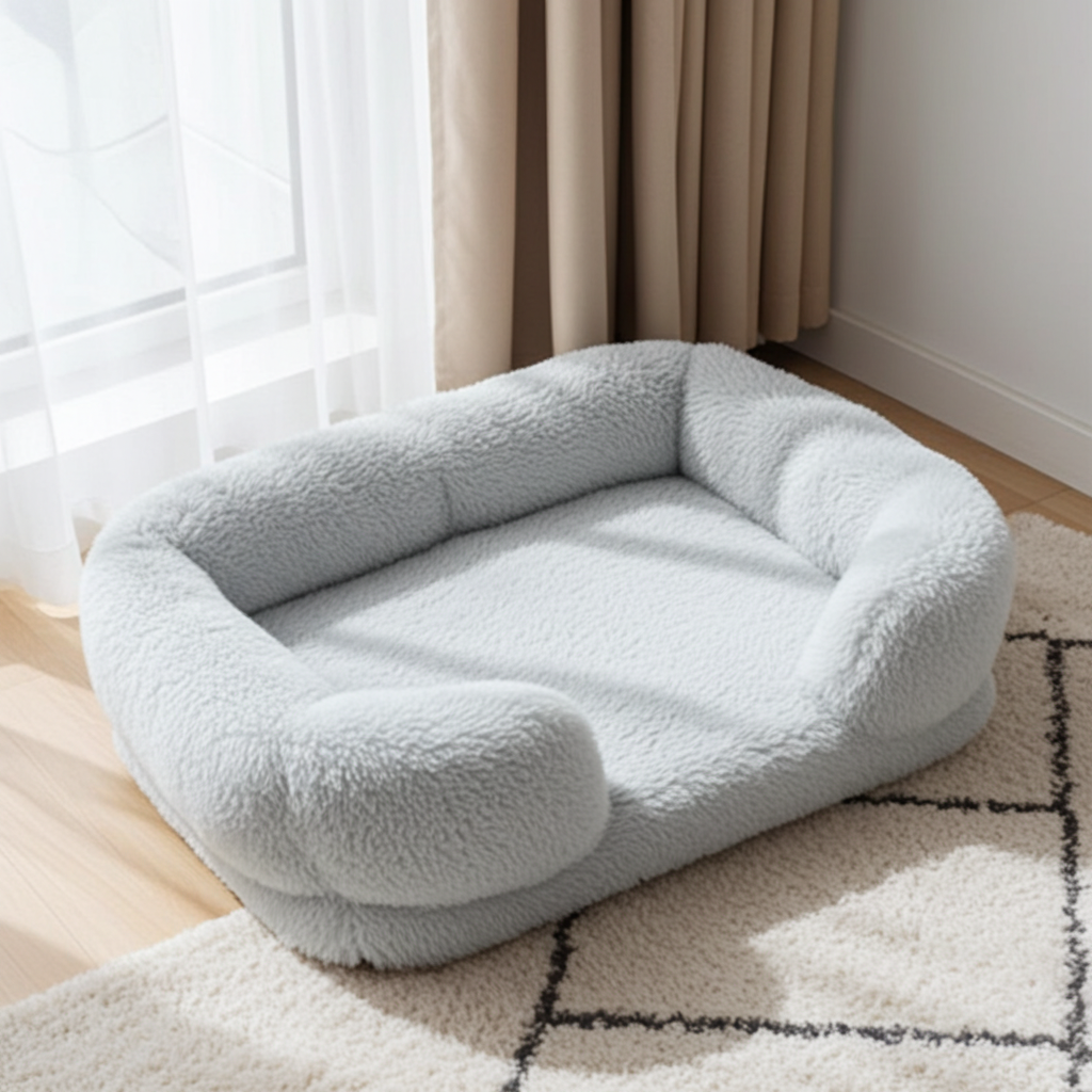 Fluffy light blue pet bed on a rug with curtains in the background