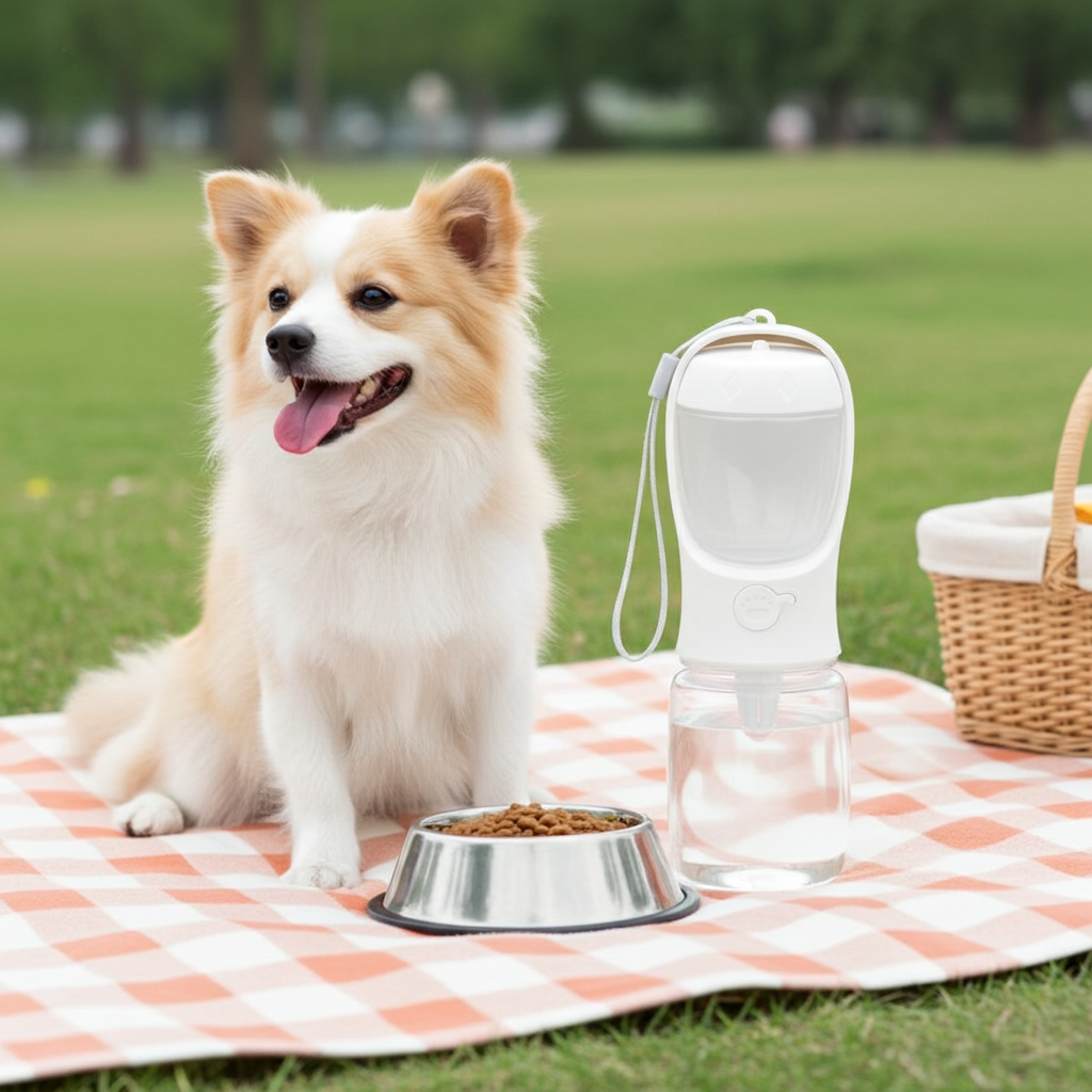 Dog sitting on a checkered blanket with a water bottle and food bowl in a park setting