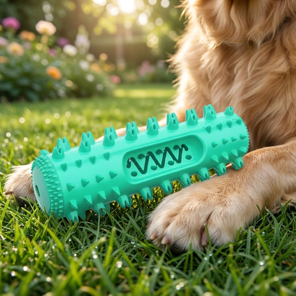 Dog playing with a green textured toy on grass