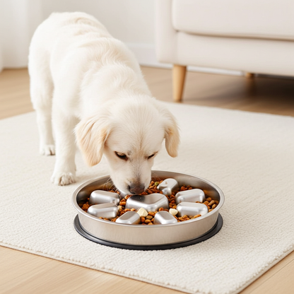 Dog eating from a metal bowl with treats on a light-colored rug.