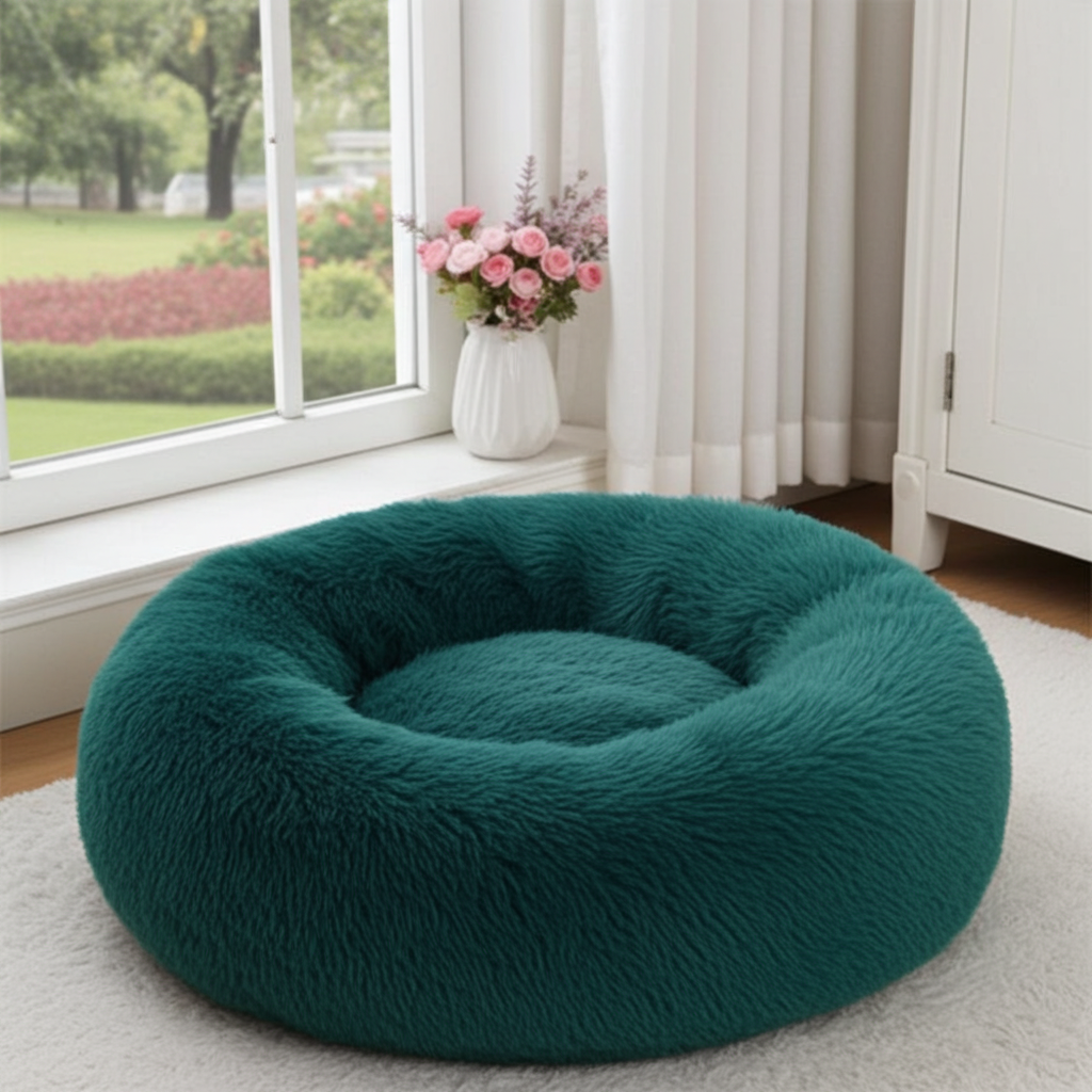 Teal donut pet bed on a carpeted floor with a window and flowers in the background