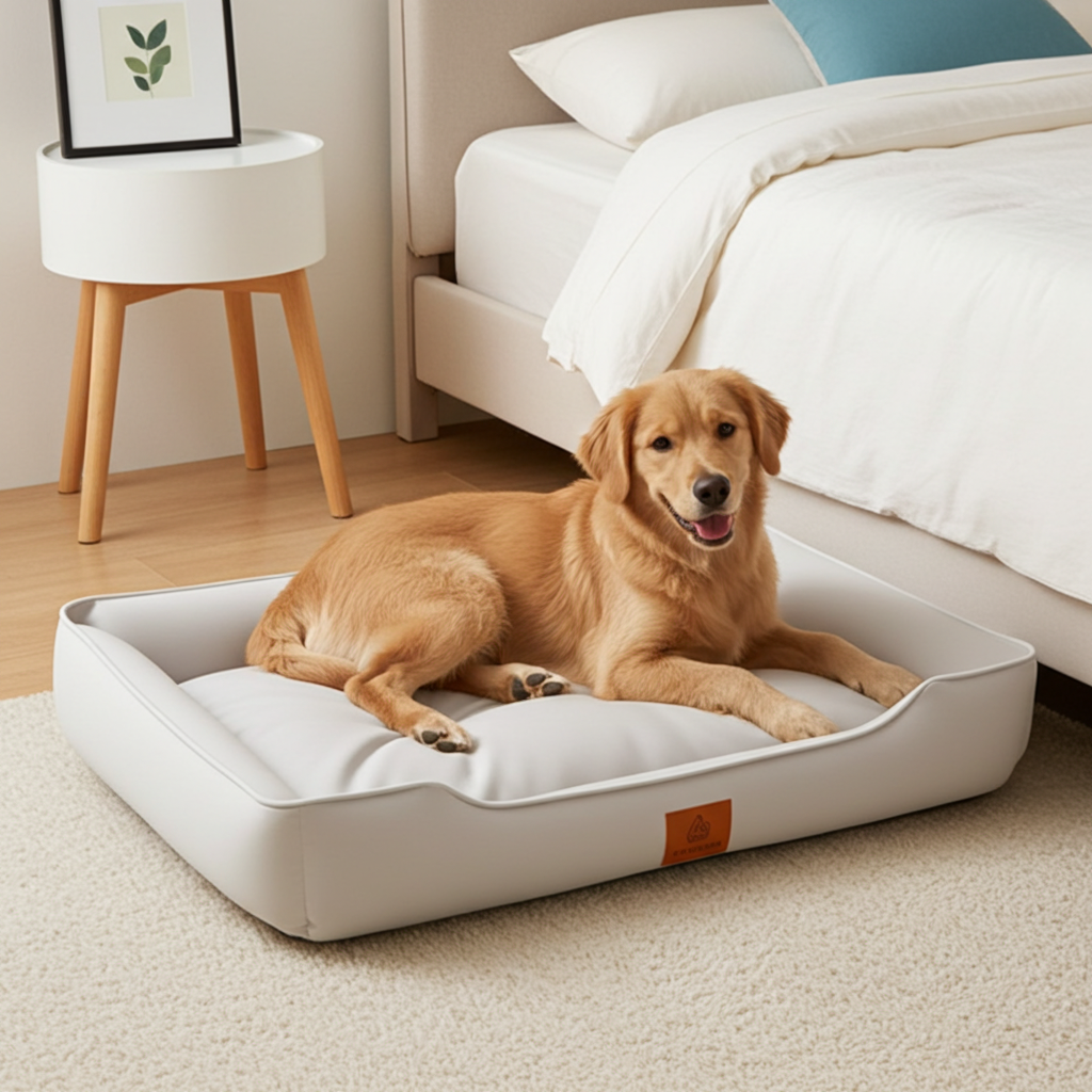 Dog lying on a large white pet bed in a bedroom setting.