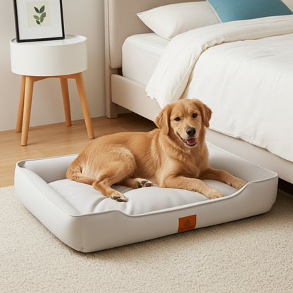 Dog lying on a large white pet bed in a bedroom setting.