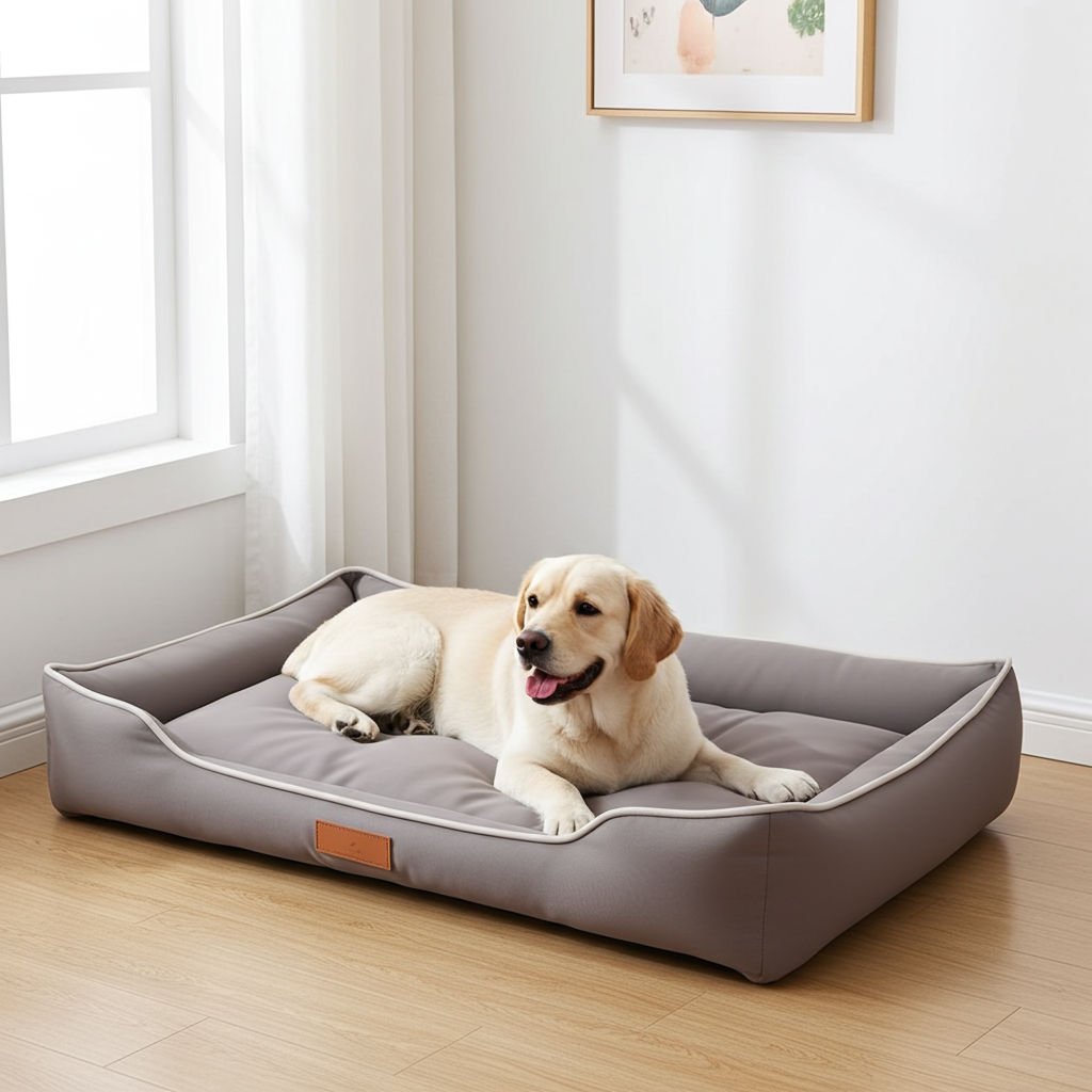 Dog lying on a gray pet bed in a bright room with a window and framed picture.