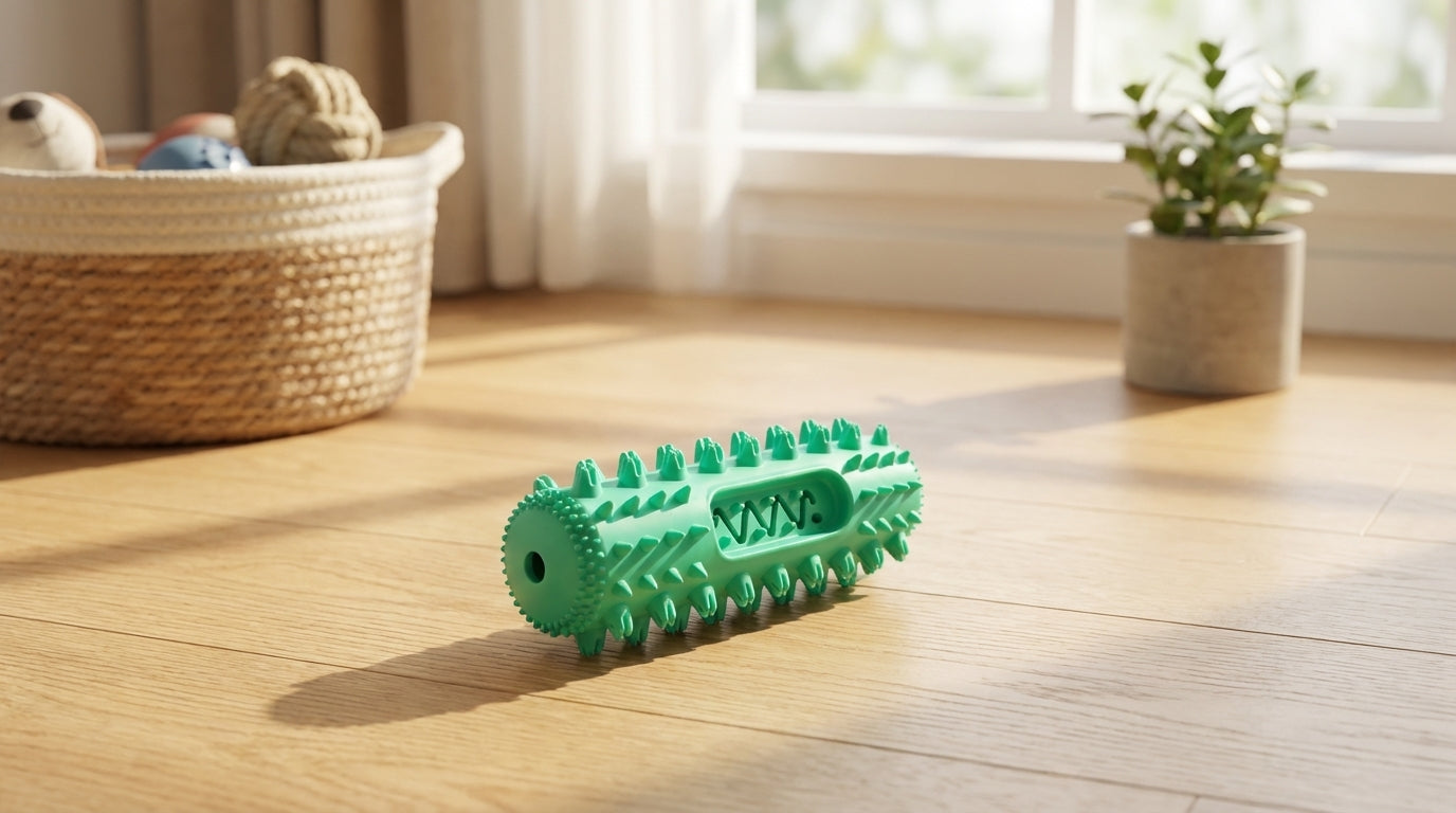Green dog toy on a wooden floor with a basket and plant in the background