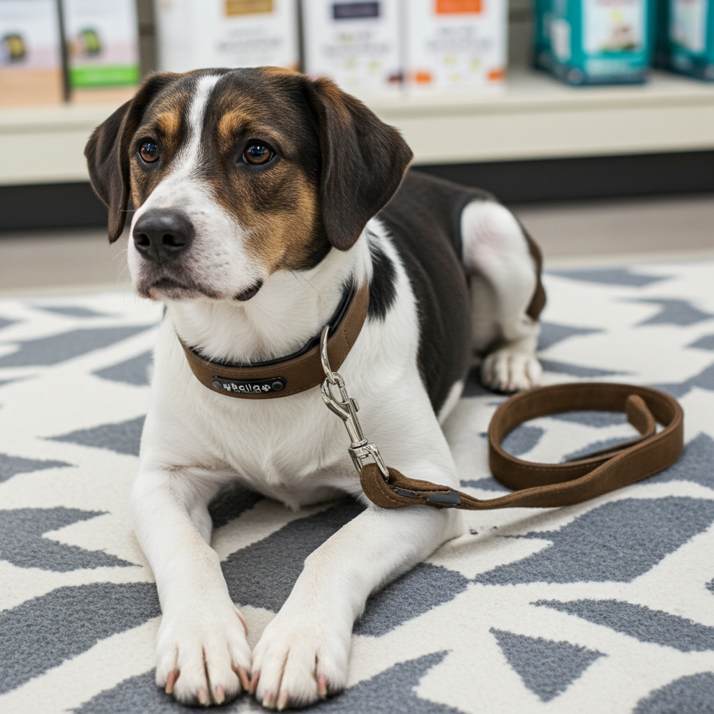 Dog with a collar and leash on a patterned rug in a store setting