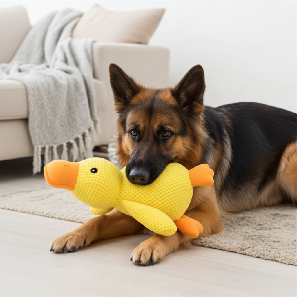 German Shepherd holding a yellow duck plush toy in its mouth while relaxing indoors on the floor.