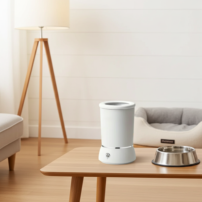 White pet water fountain on a wooden table with a lamp and sofa in the background