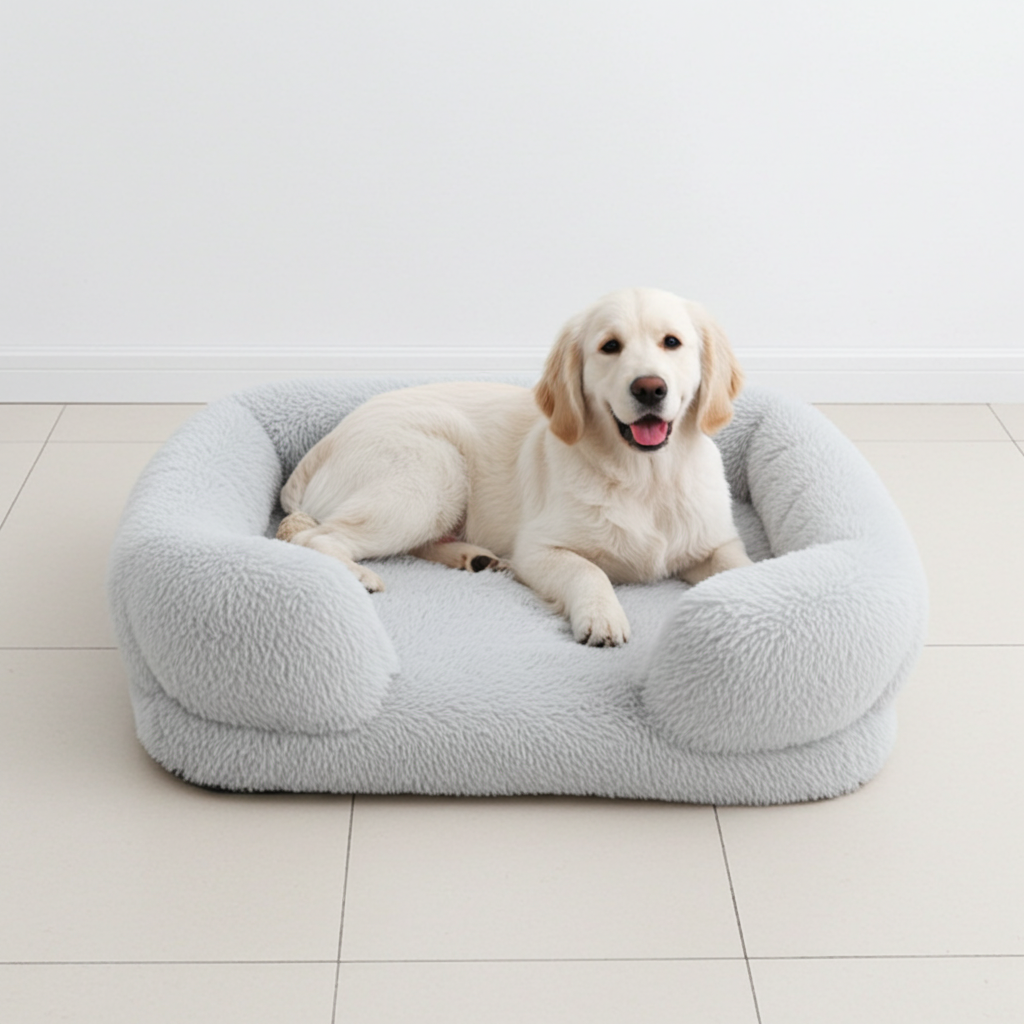 Dog lying on a gray pet bed in a room with a white floor and wall.