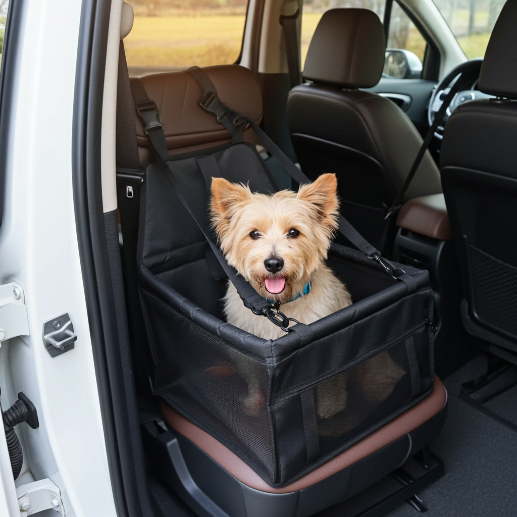 Small dog in foldable car booster seat