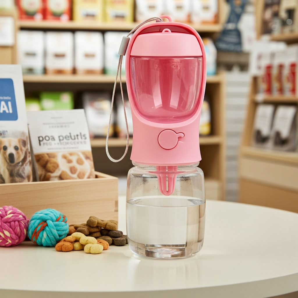 Pink pet water bottle with a clear container on a table with pet toys and treats in a store setting